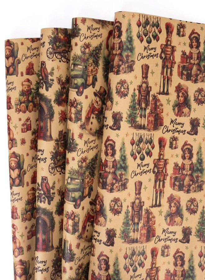 Rancco Vintage Christmas Wrapping Paper, kraft Wrapping Paper for Holiday New Year, Xmas Wrap Paper with Nutcracker, Santa Claus, Bear, Truck, Country Scene Designs - 4PC, 19.69''X27.56'' - Image 1